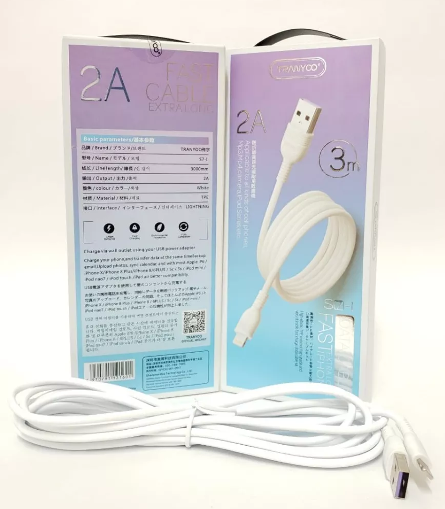 Cable Lightning carga rapida 2A 3m Tranyco S7-i