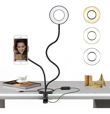 Aro Led Selfie con Soporte tipo gancho - control de intensidad y frio/calido