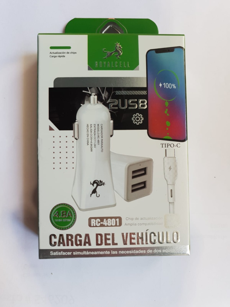 Cargador 12V de Auto Tipo C 2 Usb 4.8A RC-4801