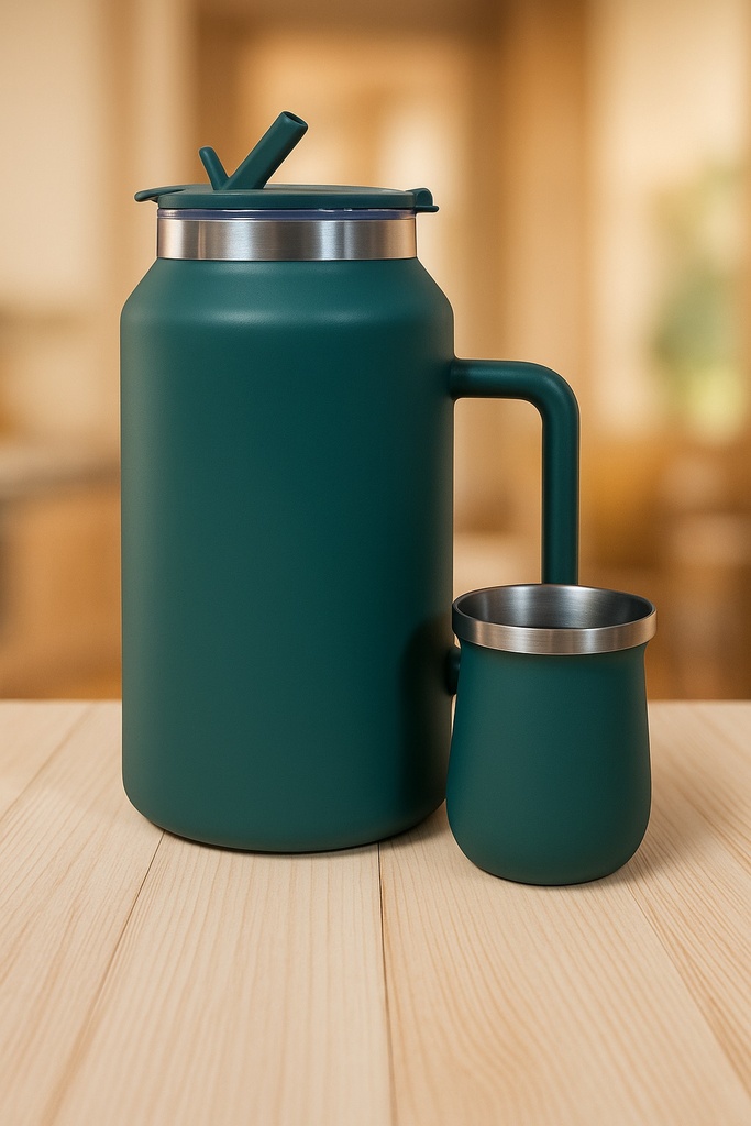 Botellon Termico con doble pico 1900ml + Mate 160ml Terere (Verde)