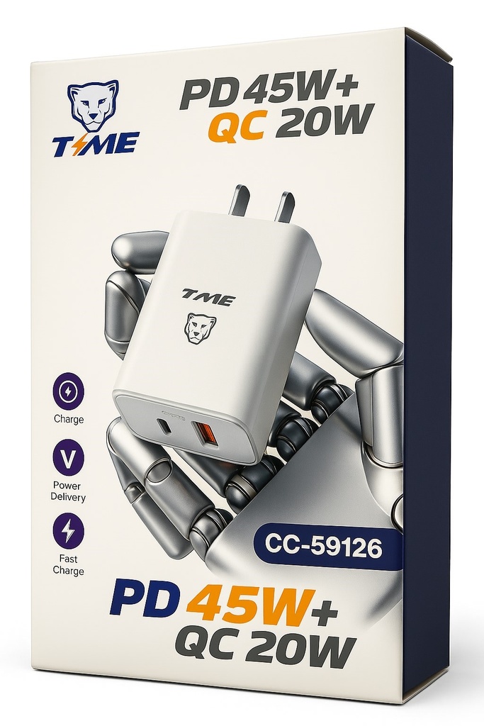 Kit Cargador 2 en 1 Tipo C Carga Rapida PD 45W QC 20W Usb A + Usb C Time