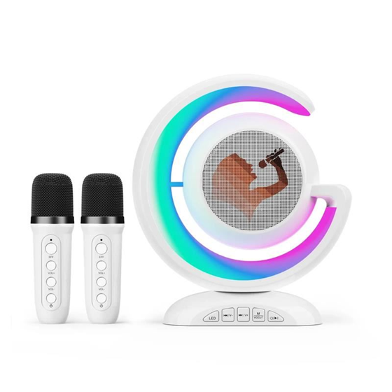 Mini Parlante Portatil BT Micro Sd Usb Aux Karaoke con 2 Microfono y Luces
