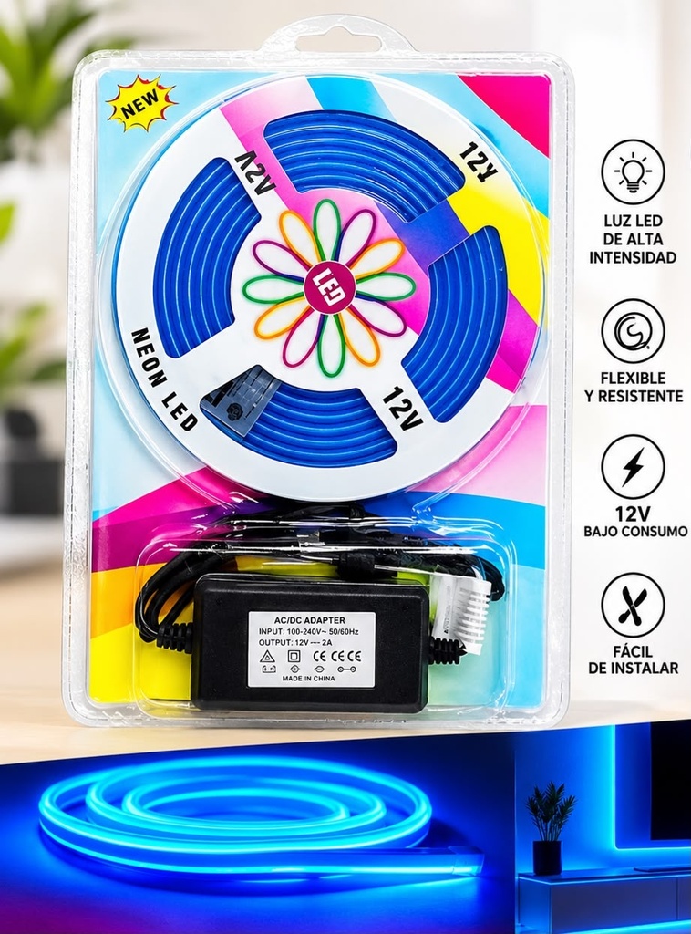 Kit Tira Led Neon Flexible con Fuente 5A 12v 5m Azul