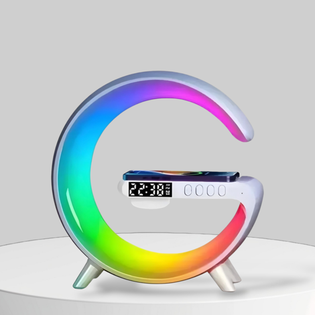 Parlante BT con Luces Cargador QI con Reloj G63 (15,5x5,5x16cm)