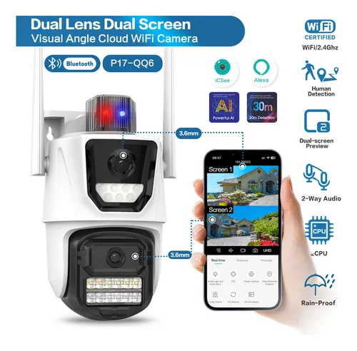 Camara IP Inalambrica Wifi 360° 6mp Full HD 2 Antenas Doble Lente con Sirena