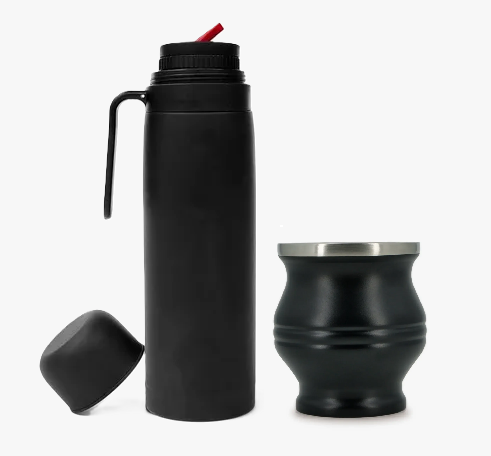 Termo 1L con Manija Engomado + Mate 180ml + Bombilla Negro MG-1002-3