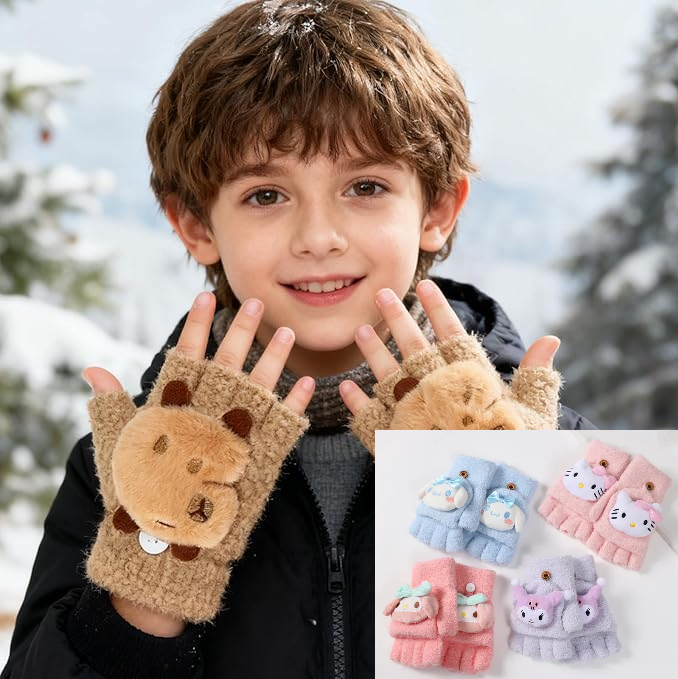 Guantes Mitones de Invierno Medio Dedo + Manopla Infantil 2 en 1