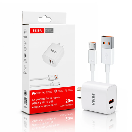 Kit Cargador 2 en 1 V8 Carga Rapida PD 18W + Usb A QC 20W Seisa SQ-U05V
