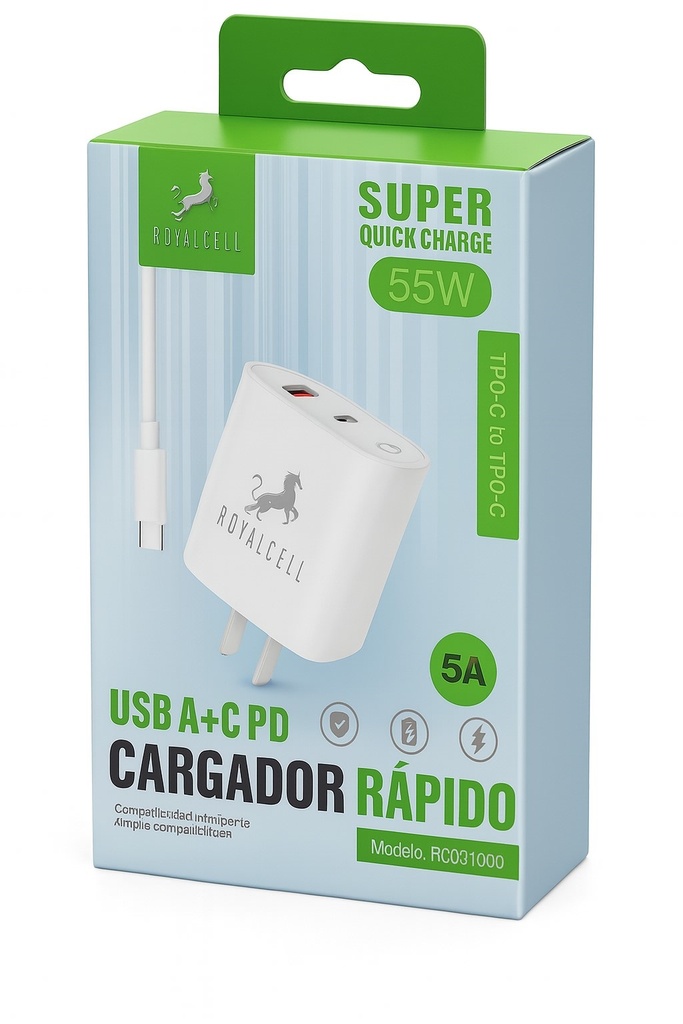 Kit Cargador 2 en 1 55W Usb A + Usb C Carga rapida Royalcell Lightning