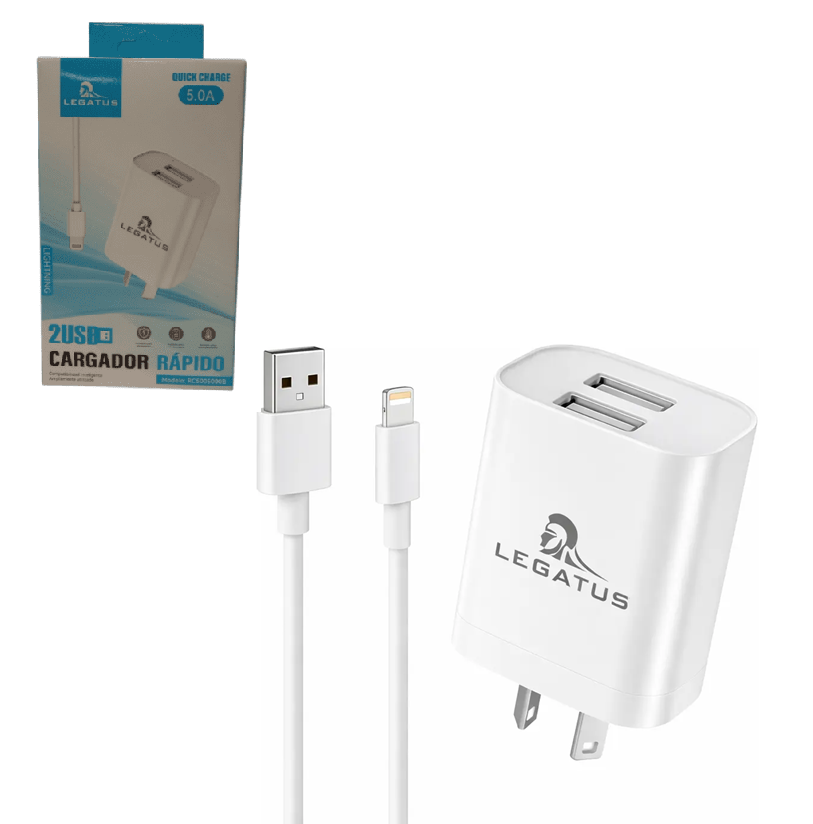 Kit Cargador 2 en 1 Legatus Lightning Carga Rapida 5.0A doble usb