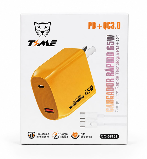 Kit Cargador 2 en 1 Carga Rapida QC3.0 PD 65W Time CC-59151