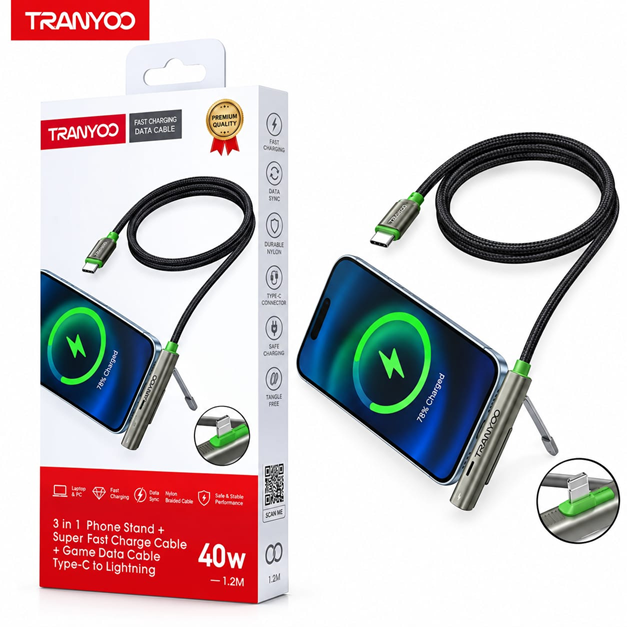 Cable de Datos Tipo C a Lightning con Soporte para Celular 3 en 1 40W Tranyoo CL10