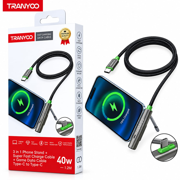 Cable de Datos Tipo C a Tipo C con Soporte para Celular 3 en 1 240W Tranyoo CC10