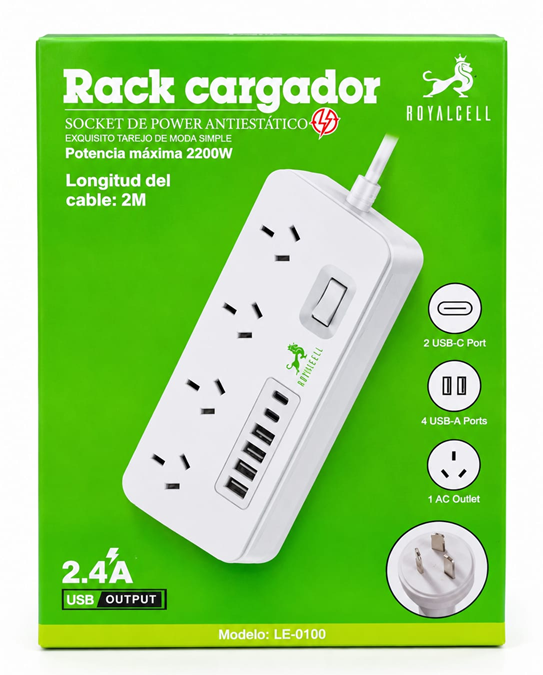 Zapatilla Toma Corriente Royalcell 4 tomas + 4 Usb + 2 PD 2m LEC100