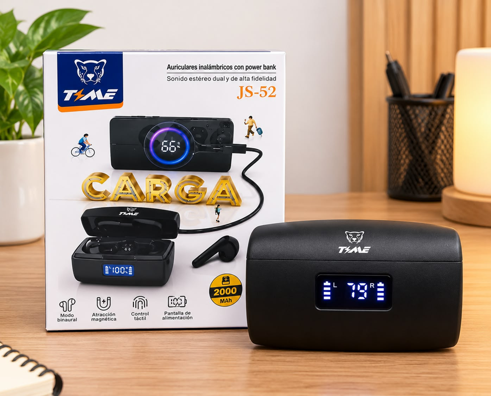 Auricular Bluetooth V5.3 Doble con Base Cargadora Power Bank 2000mAh JS-52