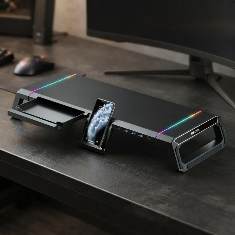 Elevador Retroiluminado para Monitor con 3 Usb + PD y Soporte para Celular Seisa DN-H641