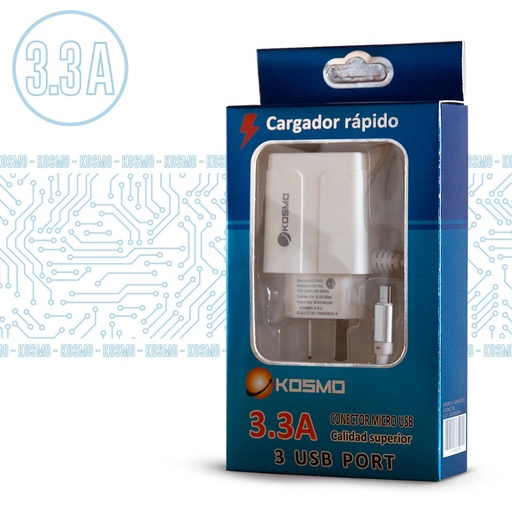 [502483] Cargador Kosmo V8 3.3A KS-18L tres salidas + cable incorporado