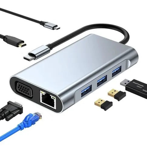 [6290132577417 BYL-2111] Hub Tipo C con 7 puertos PD+ USB x 3 + HDMI + LAN + VGA