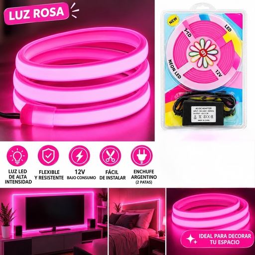 [502652] Kit Tira Led Neon Flexible con Fuente 5A 12v 5m Rosa