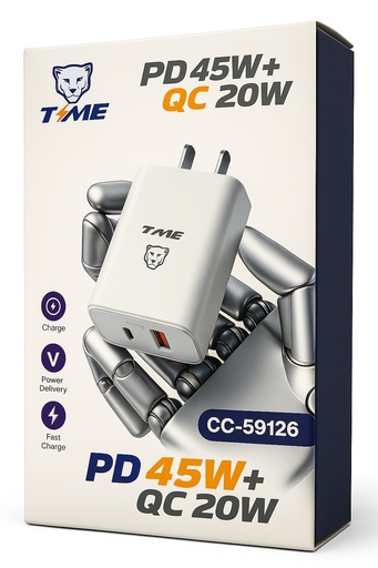 [0723540564244 CC-59126] Kit Cargador 2 en 1 Tipo C Carga Rapida PD 45W QC 20W Usb A + Usb C Time
