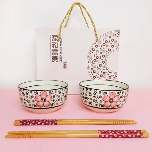 [3790001060253] Set Bowls Porcelana Diseño Flores x 2u (11cm) con Palitos