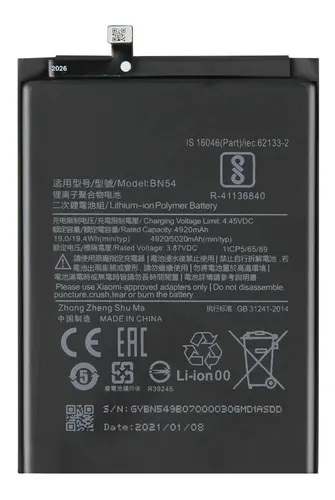 [718293126567] Bateria Xiaomi Redmi Note 9 5G / Redmi 9 / Redmi 10X 4G BN54 Original @#