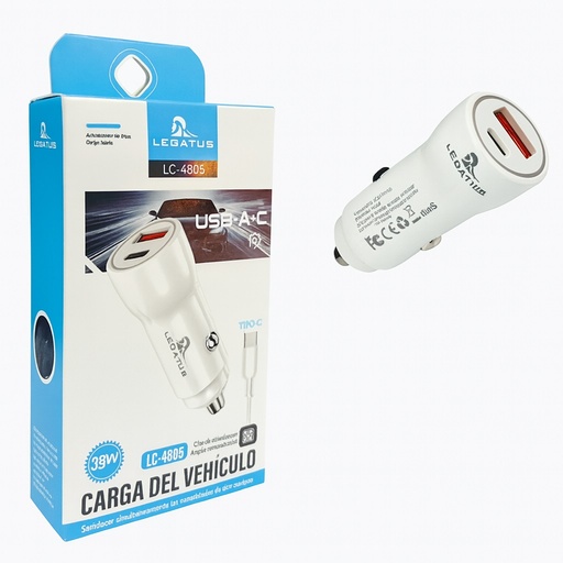 [7796350519783] Cargador Legatus 12V Lightning PD + Usb 38W LC-4805