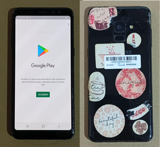 [504958] Celular Usado Samsung A8 2018 32GB/4GB RAM (Linea en pantalla, detalle tapa)