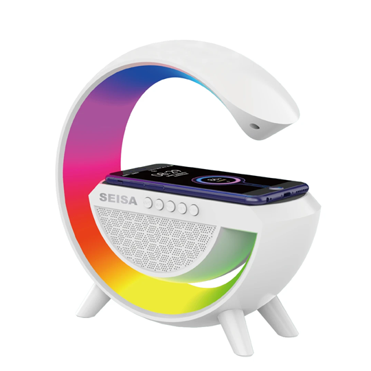 [583753 283070] Parlante BT Micro Sd Usb Aux Fm con Luces Cargador Inalambrico QI BT2301 (23,5x8x24cm)