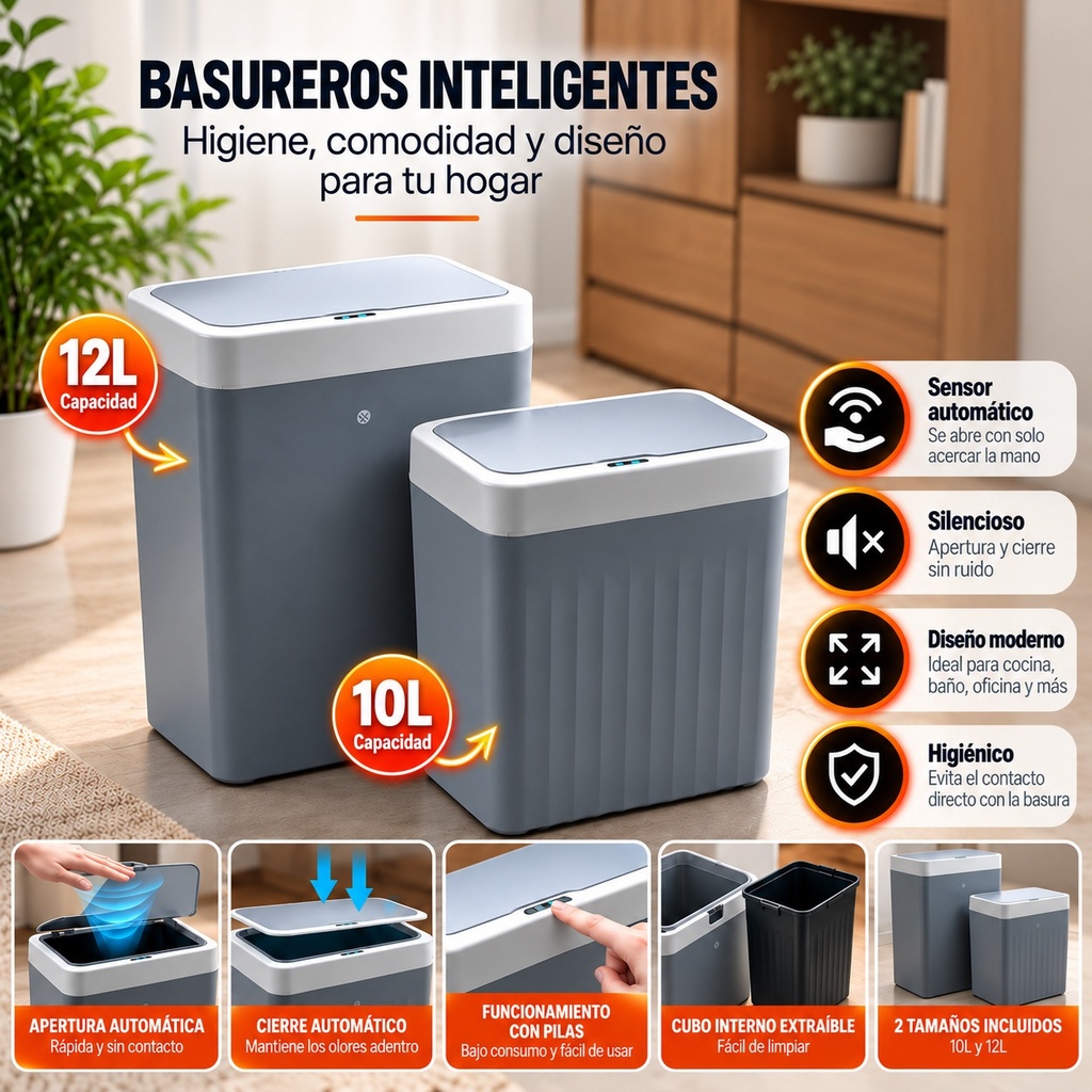 [6290132591116] Tacho de Basura Inteligente x 2u con Sensor Automatico 10L y 12L