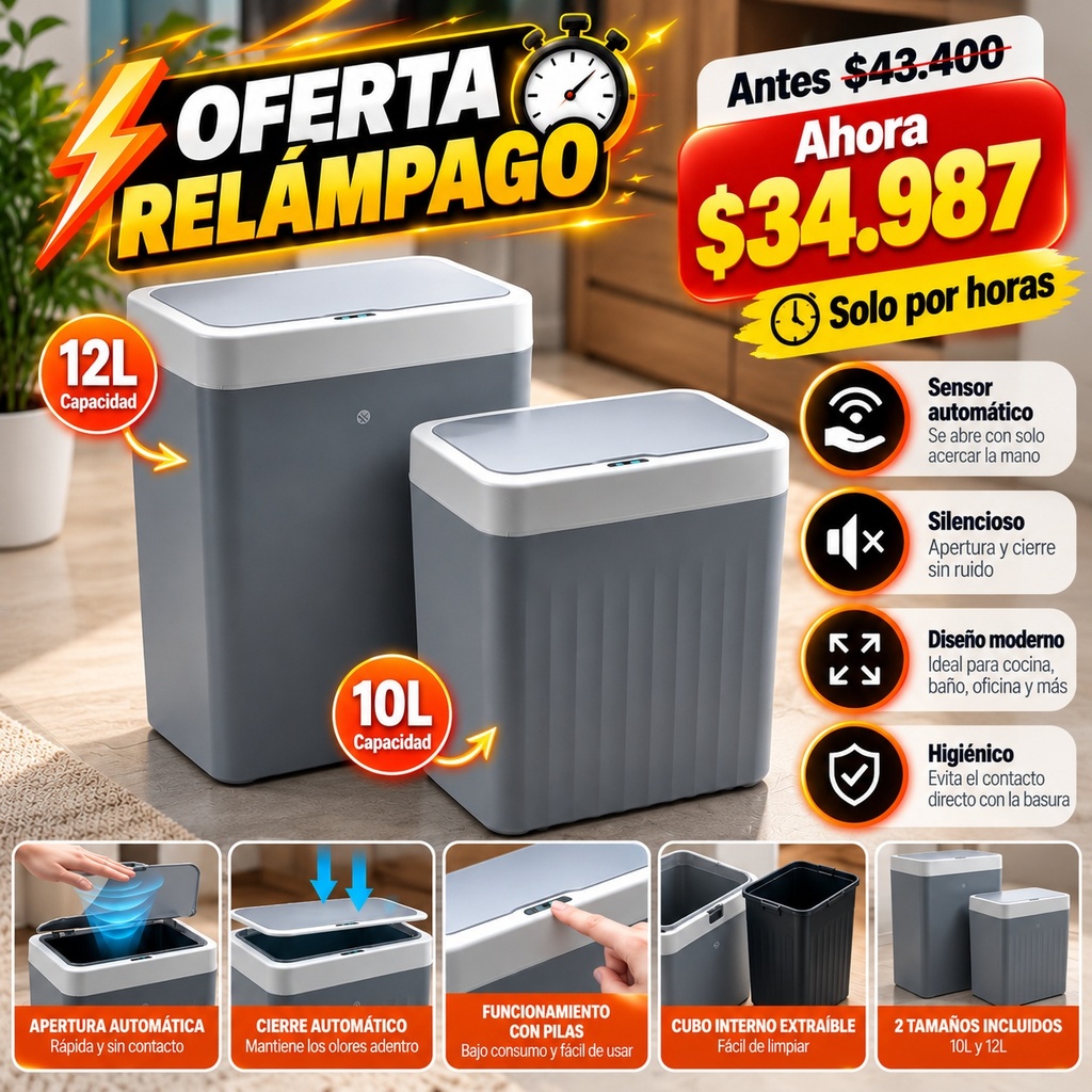 [6290132591116] Tacho de Basura Inteligente x 2u con Sensor Automatico 10L y 12L