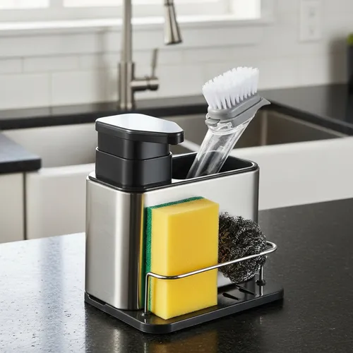 [6974163416227] Dispenser de Detergente con Porta Esponja Acero Inoxidable (18x18x12cm)