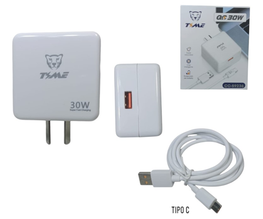 [0723540564251 CC-59236] Kit Cargador 2 en 1 Tipo C Carga Rapida QC 30W Usb Time