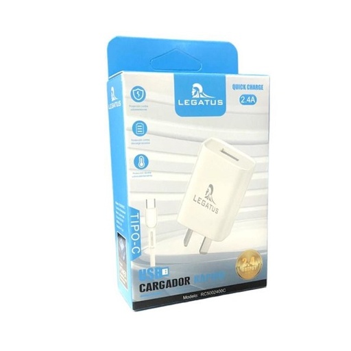[505301] Kit Cargador 2 en 1 Tipo C Carga Rapida 2.4A Legatus (SIN CAJA)