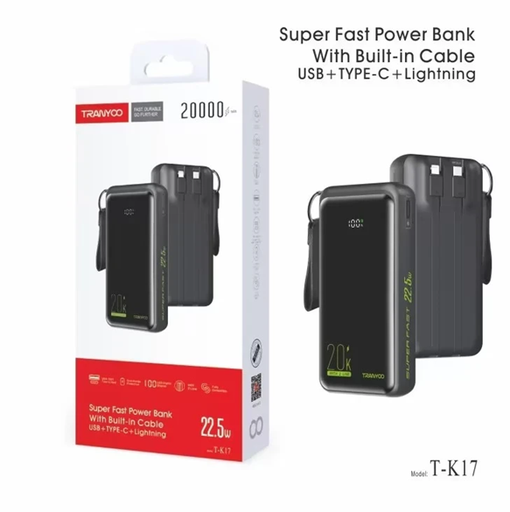 [6970791129027] Power Bank 20000mAh 2 Usb / Tipo C / Lightning Tranyco T-K17