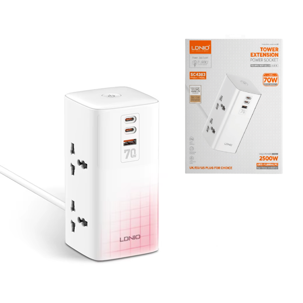 [7799135019898] Zapatilla Tipo Torre 4 Tomas + Doble PD + Usb 70W 2500W 3.0 LDNIO SC4383