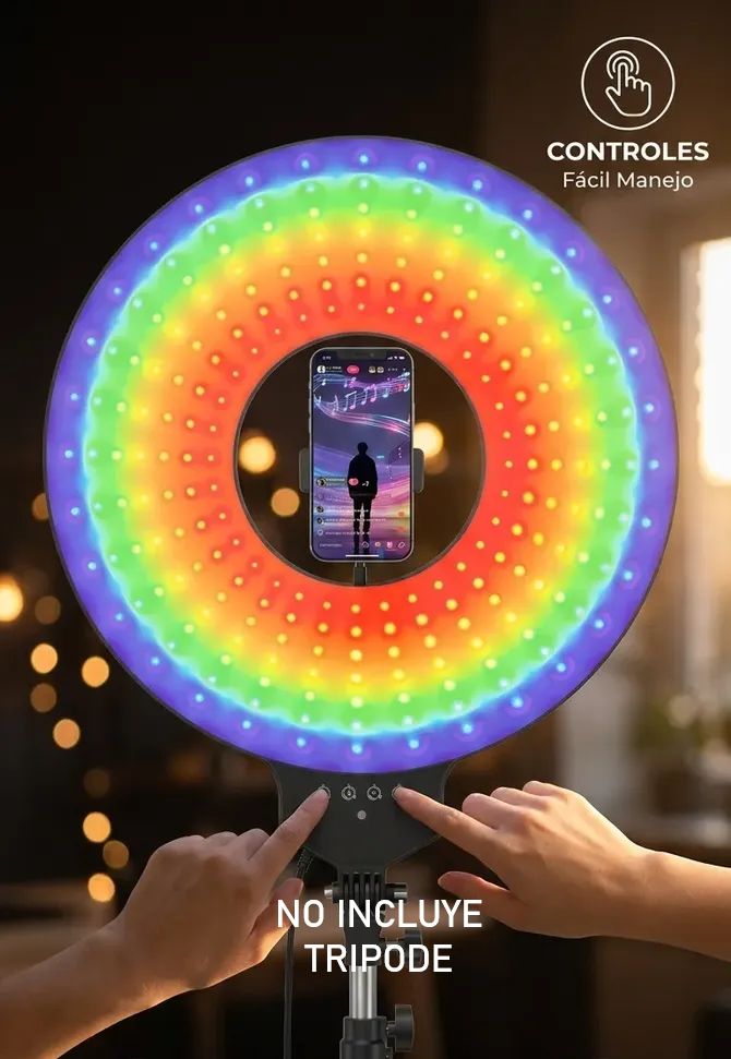 [6290132596975] Aro Led RGB tipo Panel con Soporte para Celular Audioritmico 5 modos y Regulador de Intensidad 45cm MJ-451