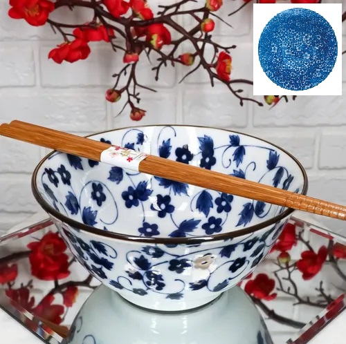 [7790780094711] Set Bowls Porcelana Diseño Azul Blanco x 2u (11,5cm) con Palitos