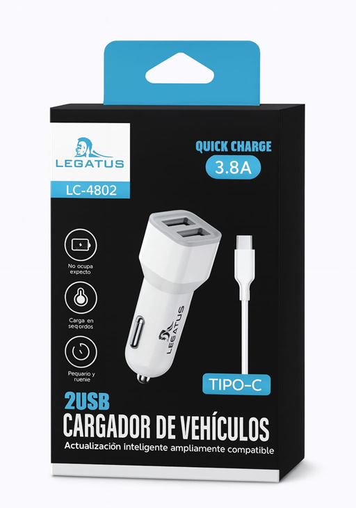 [7796350519752] Cargador 12V Tipo C 2 Usb 3.8A LC-4802